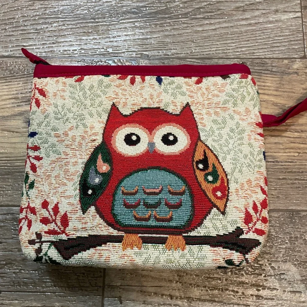 Woven‎ Tapestry Owl Makeup Bag Red Woodland Bird Cosmetic Pouch Zippered Travel
